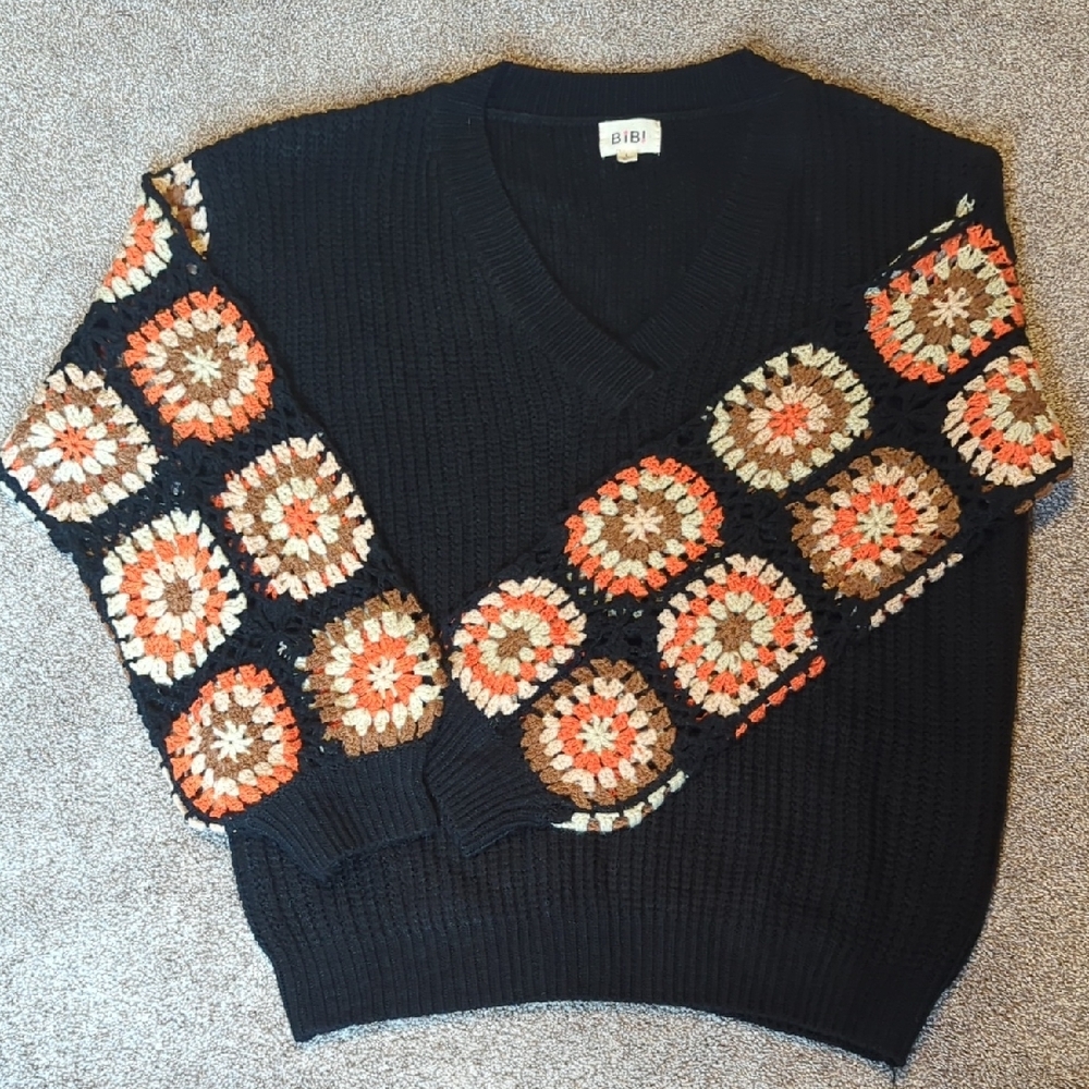 Bibi Granny Square Black and Multicolor Women's Sweater Large